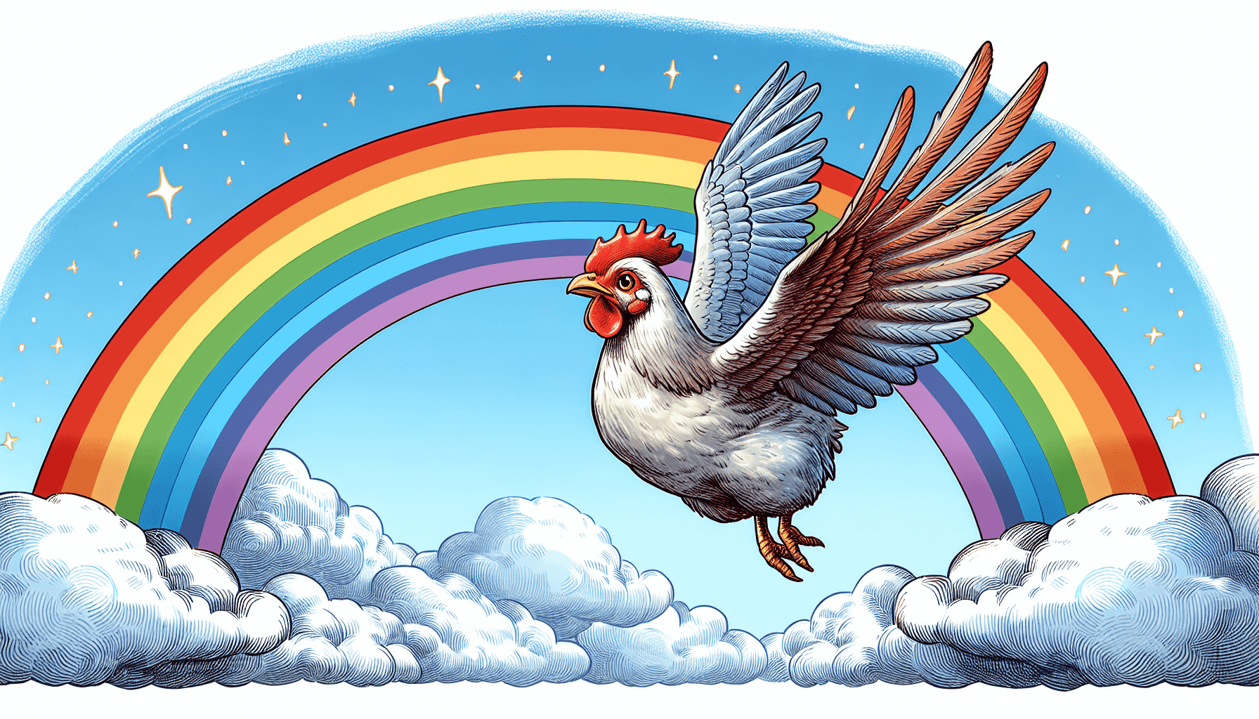Dream Hen flying over a rainbow